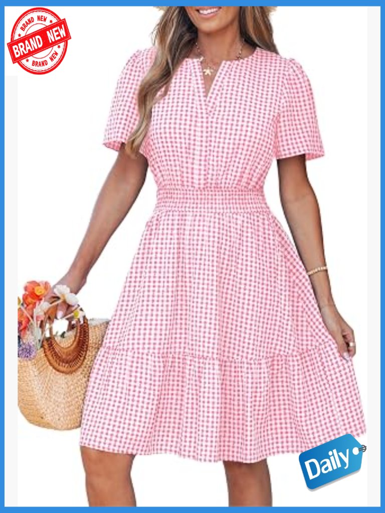 Summer Mini Dress V Neck A-Line Short Sleeve Casual Beach Vacation